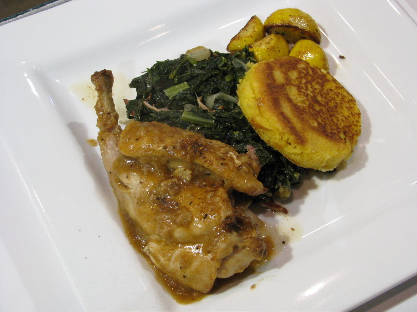 Iron Chef Final Round dish by Chef Osi Imomoh and Sous Chef Howard Austion of Southland Park Gaming & Racing. Smothered rabbit with cornmeal johnnycake, greens and roasted squash.
