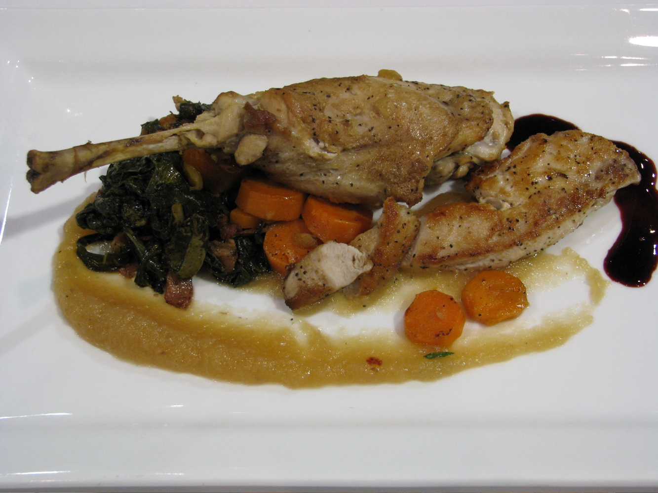 Iron Chef Final Round dish by Chef Jacob Peck and Sous Chef Greg Wallis of Forty Two. Roasted rabbit with a raspberry coulis, sweet applesauce, carrots and greens w/bacon. This was the winning dish.