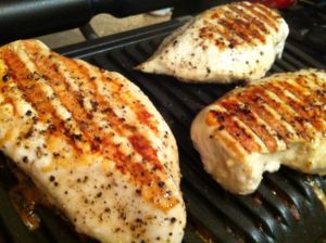 Chicken breasts on the OptiGrill. Delish, but I think I'll take them off a tad earlier next time.