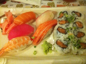 The sushi bento plate with salmon roll. No subs allowed on the nigiri, though.
