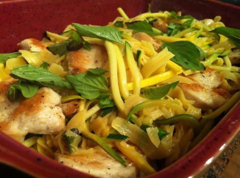 Browned butter squash noodles with fettuccine, lemon thyme and chicken. 